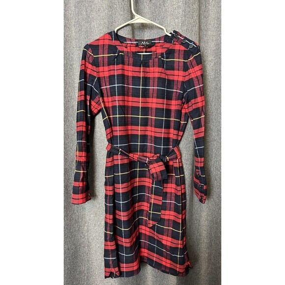 A.P.C. Rue Madame Paris Red Tartan Plaid Flannel Holiday Midi Dress M preppy - Picture 2 of 10